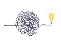 an illustration of a tangled line leading to an idea light bulb